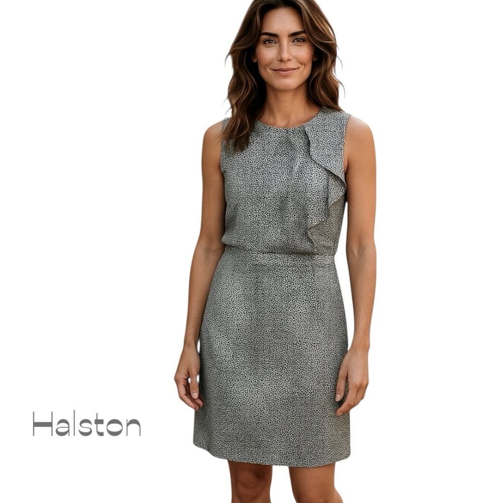 H By Halston Sheer Gray White Ruffled Dress NWT Size M Luxury Feminine